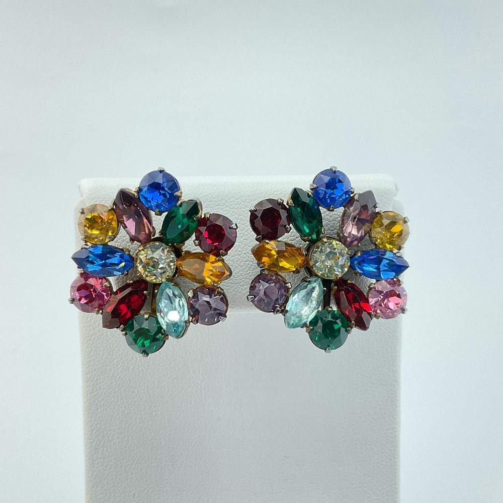 Vtg Fruit Salad Rhinestone Earrings, Screw Back, Mid Century Modern, Colorful